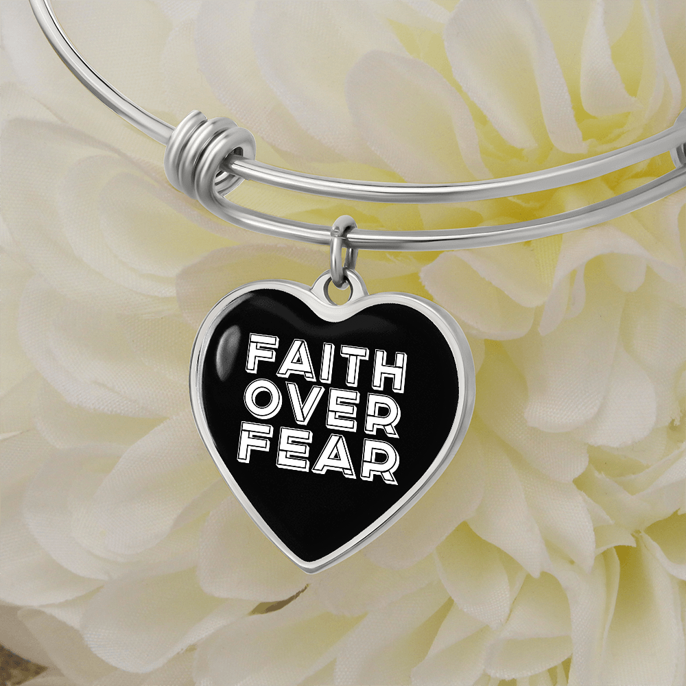 Faith Over Fear (White) - Non-Message Card Luxury Heart Bangle - Gift for Her - Gift for Him