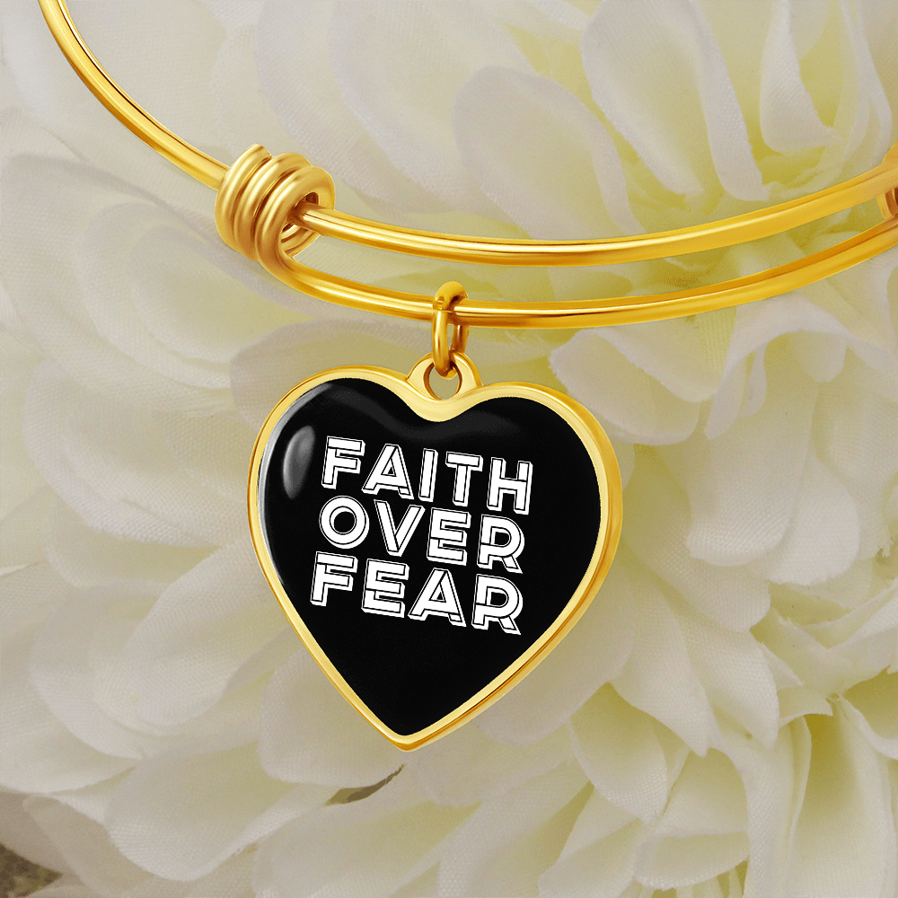 Faith Over Fear (White) - Non-Message Card Luxury Heart Bangle - Gift for Her - Gift for Him