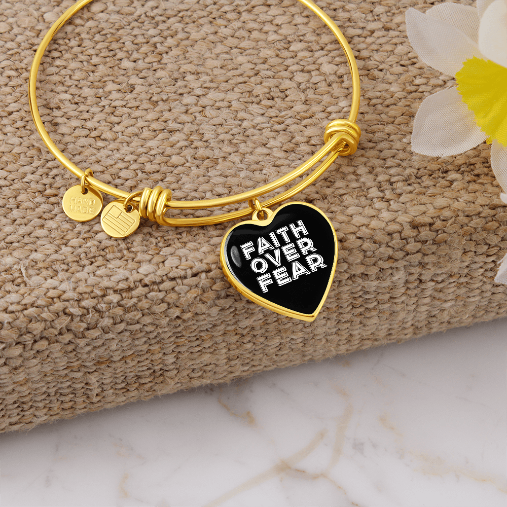 Faith Over Fear (White) - Non-Message Card Luxury Heart Bangle - Gift for Her - Gift for Him