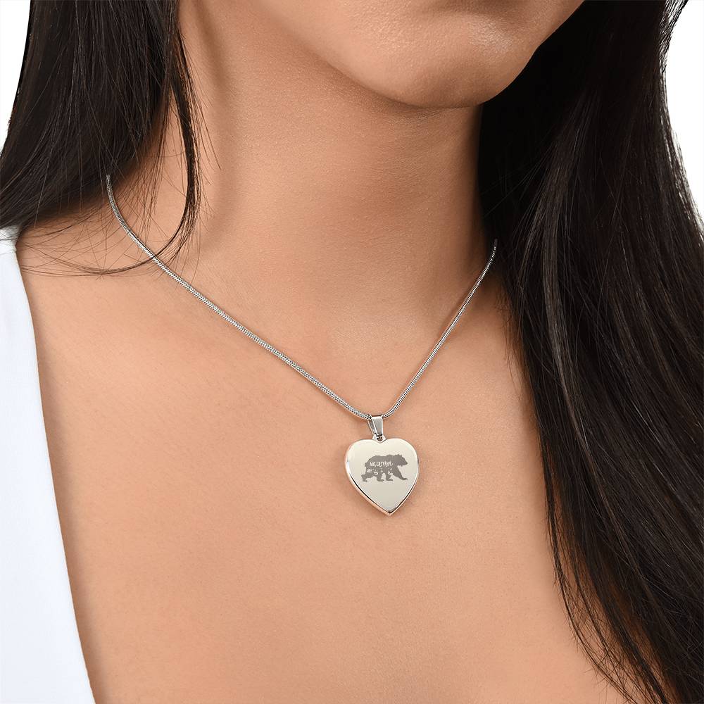 Mama Bear - Engraved Heart Necklace - Gift for Mom