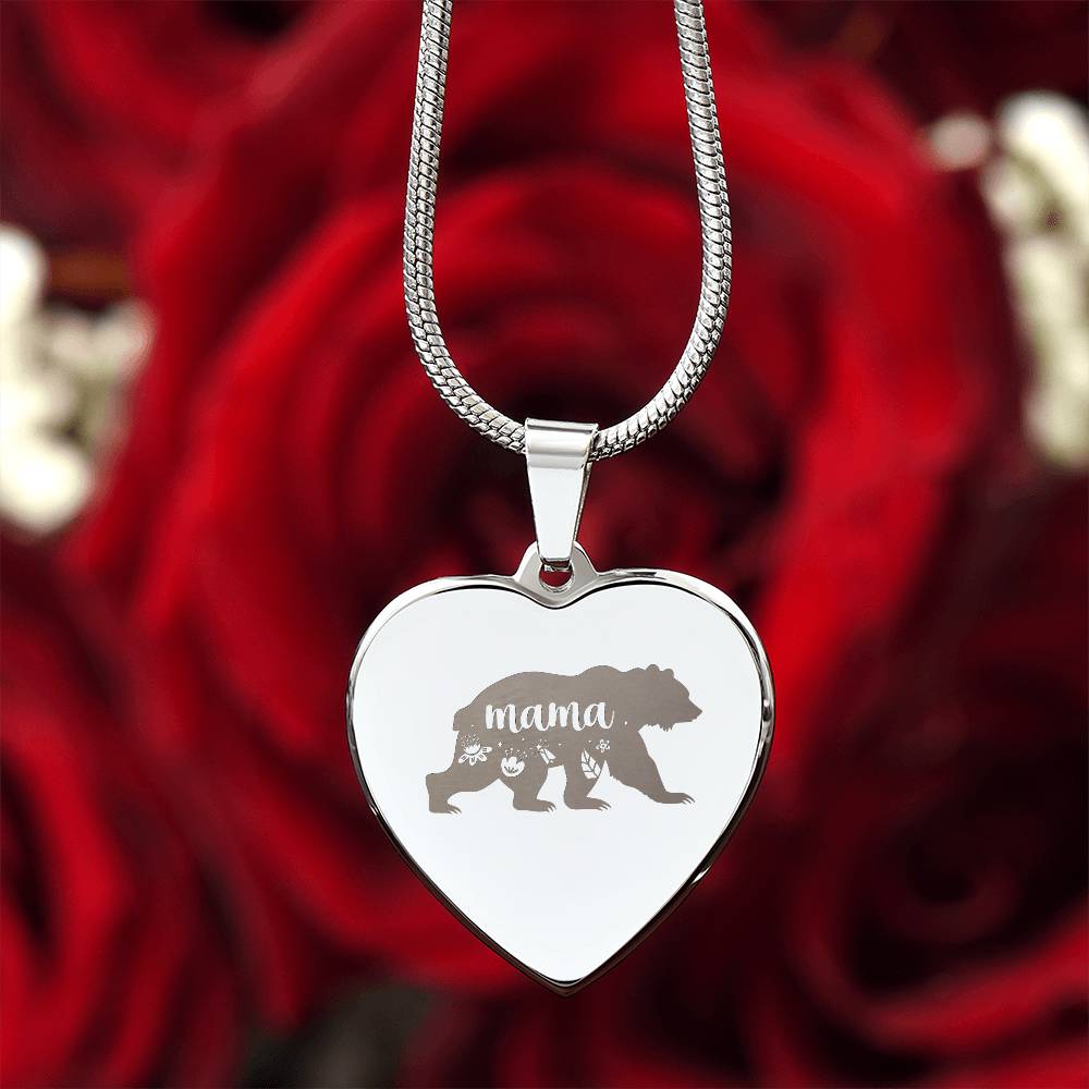Mama Bear - Engraved Heart Necklace - Gift for Mom
