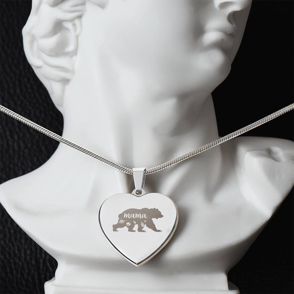 Mama Bear - Engraved Heart Necklace - Gift for Mom