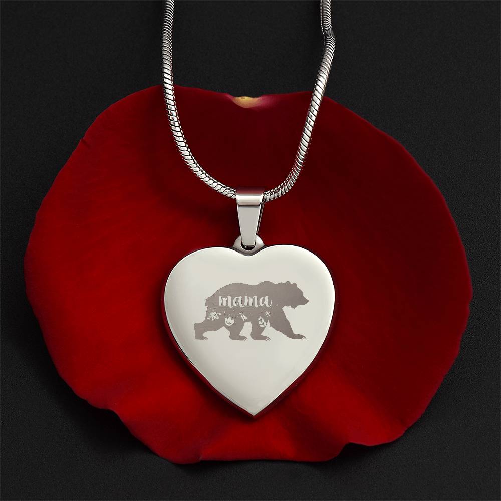 Mama Bear - Engraved Heart Necklace - Gift for Mom