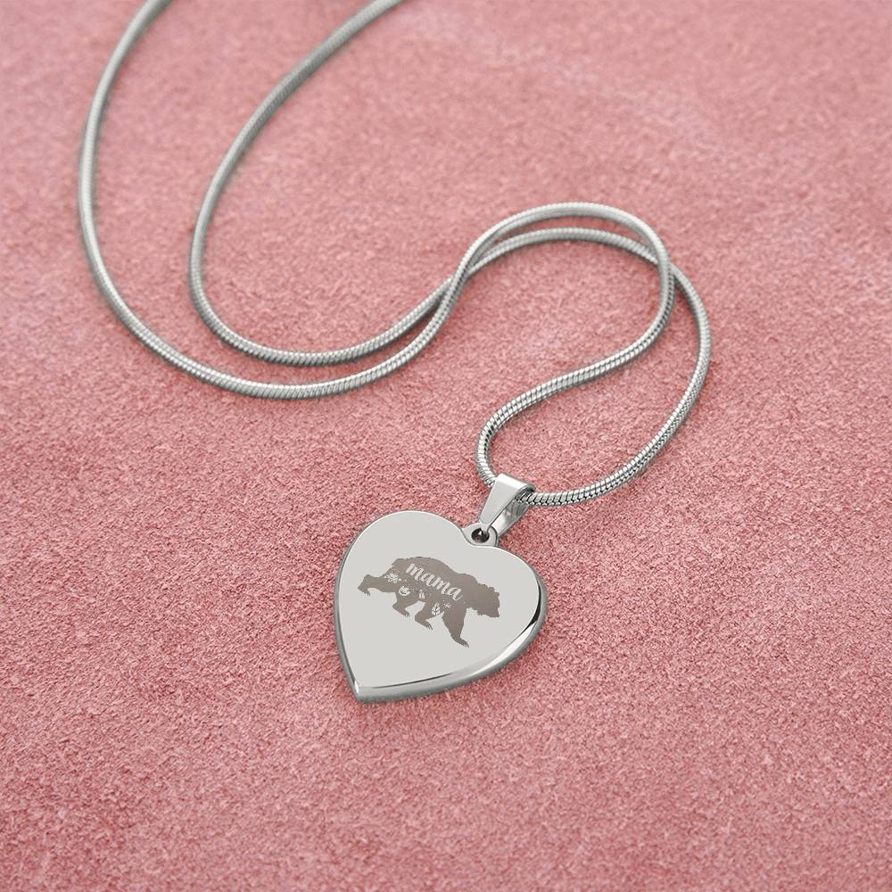 Mama Bear - Engraved Heart Necklace - Gift for Mom