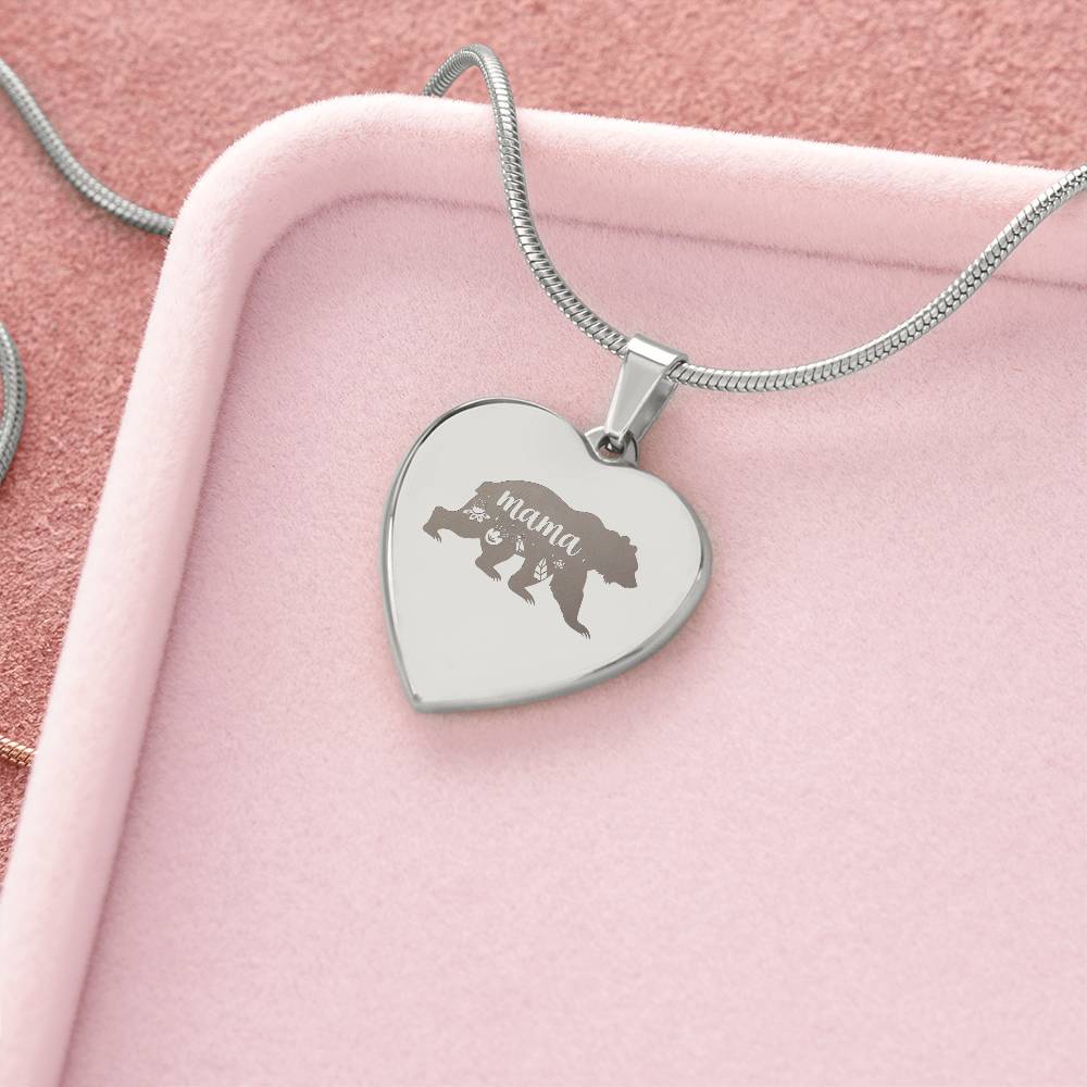 Mama Bear - Engraved Heart Necklace - Gift for Mom