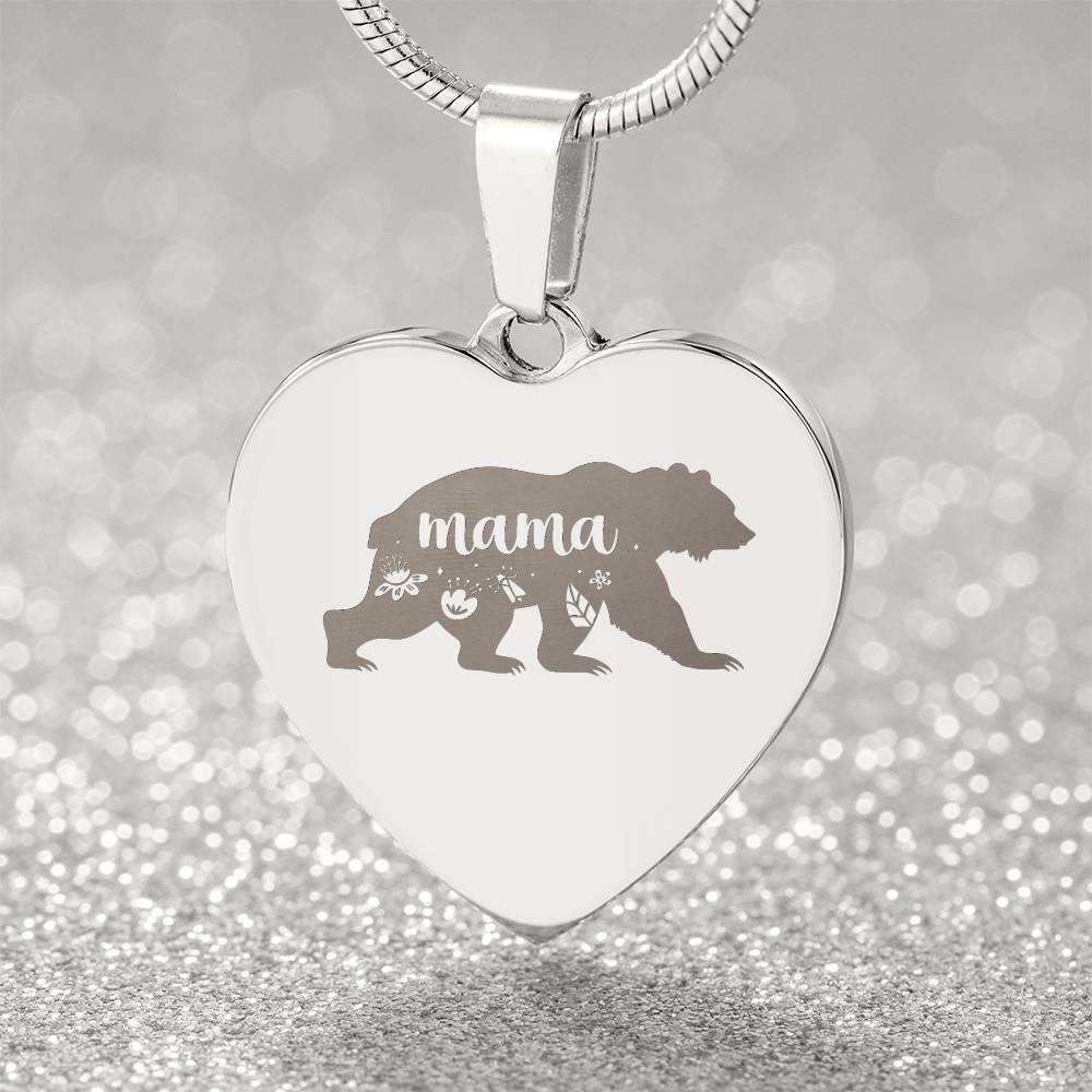 Mama Bear - Engraved Heart Necklace - Gift for Mom