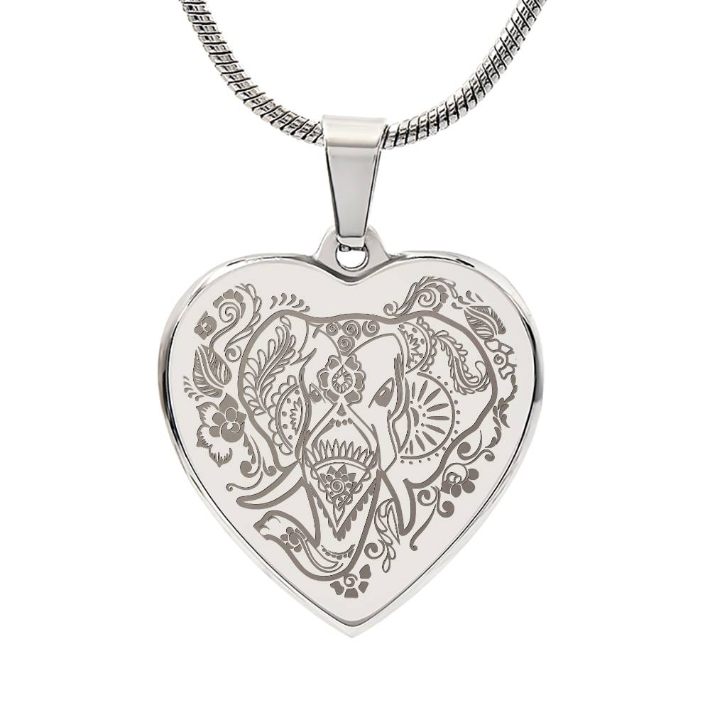 Elephant Head - Engraved Heart Necklace - Gift for Her