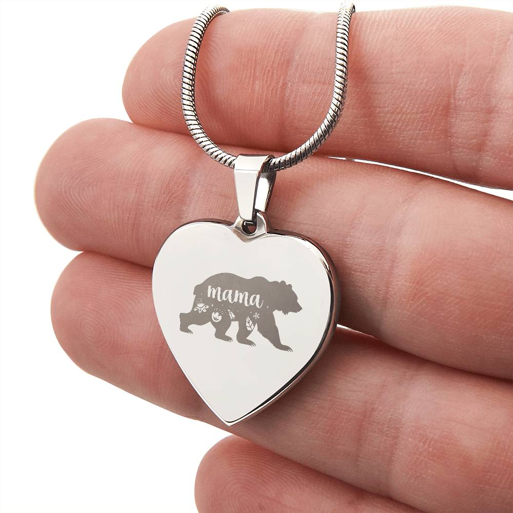 Mama Bear - Engraved Heart Necklace - Gift for Mom