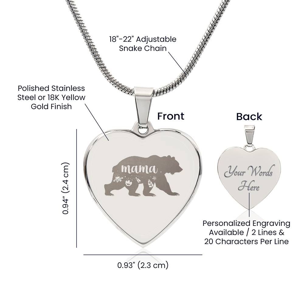 Mama Bear - Engraved Heart Necklace - Gift for Mom