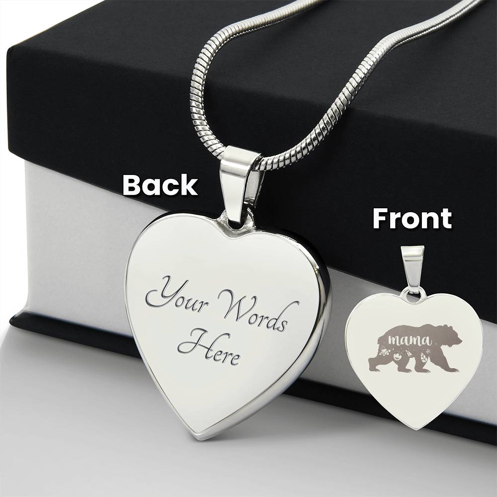 Mama Bear - Engraved Heart Necklace - Gift for Mom