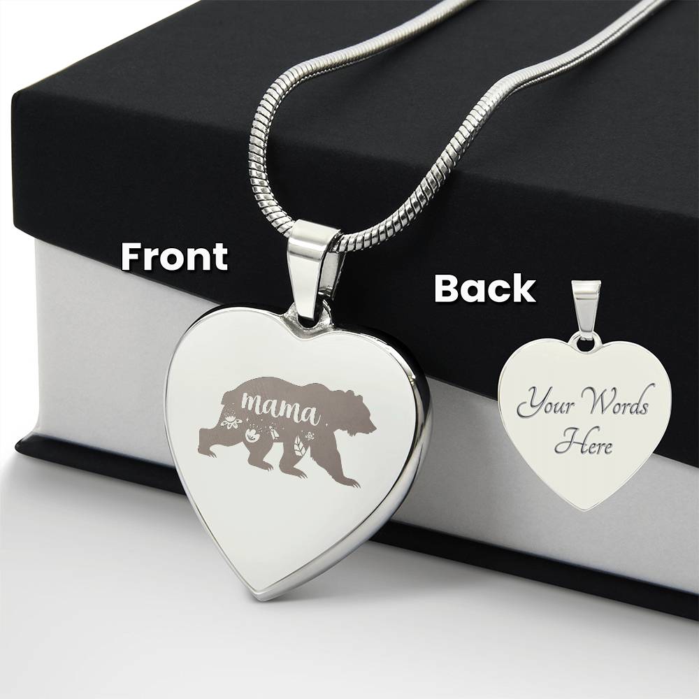 Mama Bear - Engraved Heart Necklace - Gift for Mom