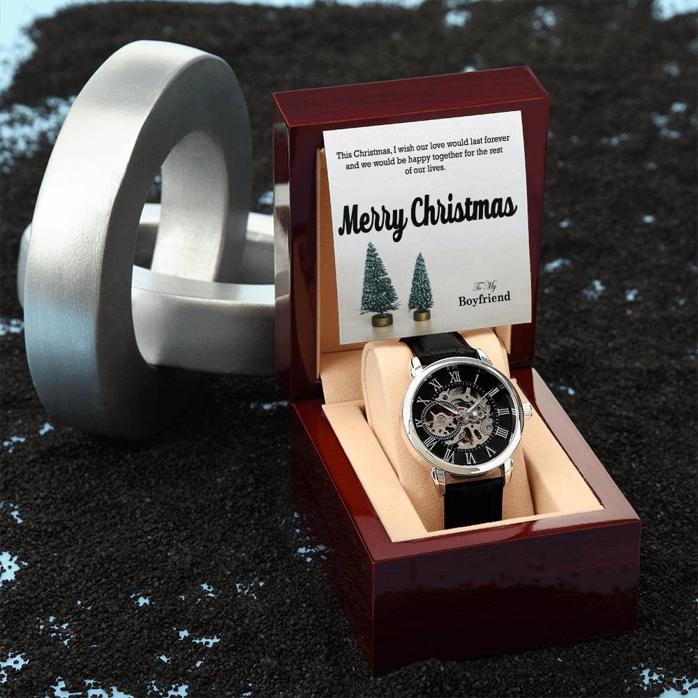 To My Boyfriend, I Wish Our Love Would Last Forever & We Would Be Happy Together For The Rest Of Our Lives - Merry Christmas - Men's Openwork Watch with Message Card - Gift for Boyfriend