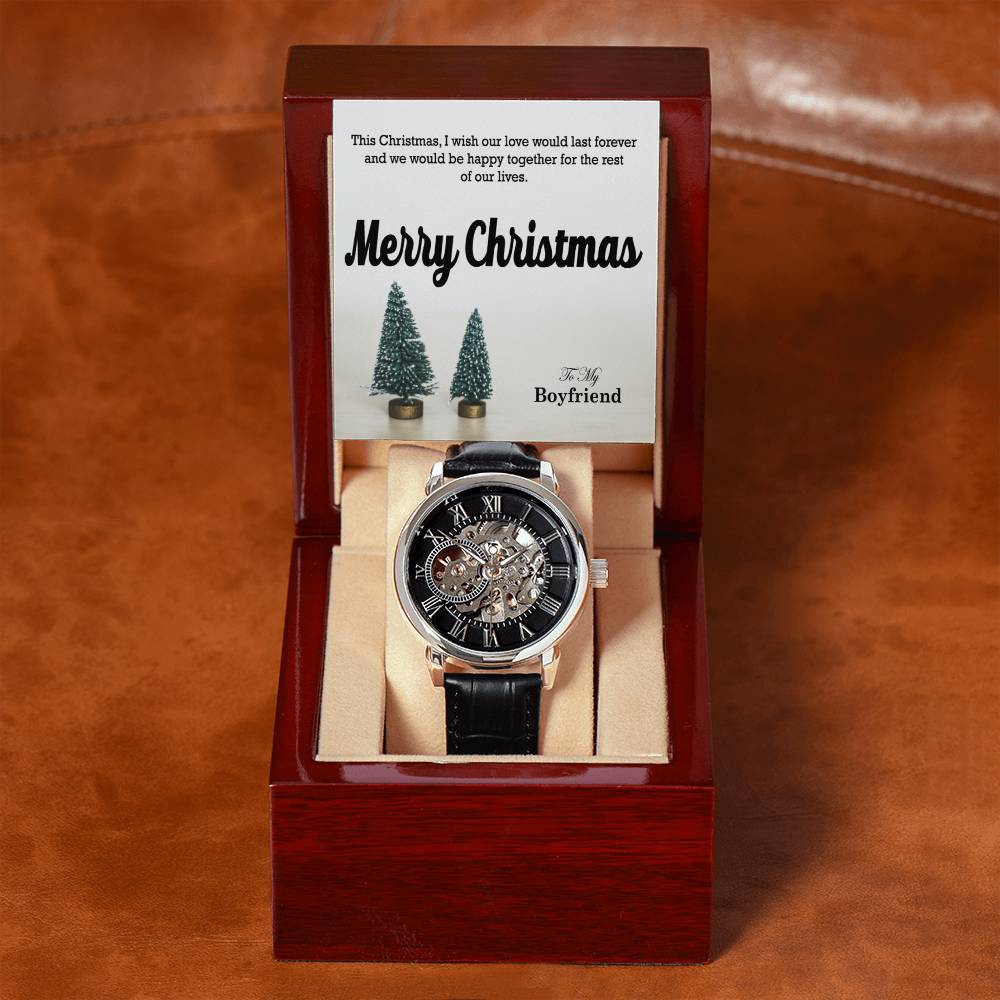 To My Boyfriend, I Wish Our Love Would Last Forever & We Would Be Happy Together For The Rest Of Our Lives - Merry Christmas - Men's Openwork Watch with Message Card - Gift for Boyfriend