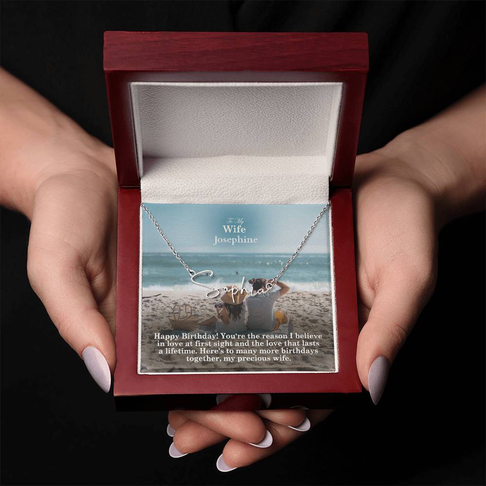 To My Wife, Happy Birthday - You're The Reason I Believe In Love At First Sight & The Love That Lasts A Lifetime - Signature Name Necklace with Message Card - Gift for Wife