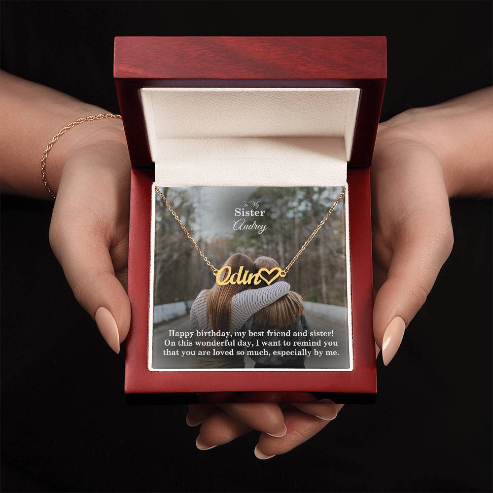 To My Sister, I Want To Remind You That You Are Loved So Much - Happy Birthday - Name Necklace + Heart Character with Message Card - Gift for Sister