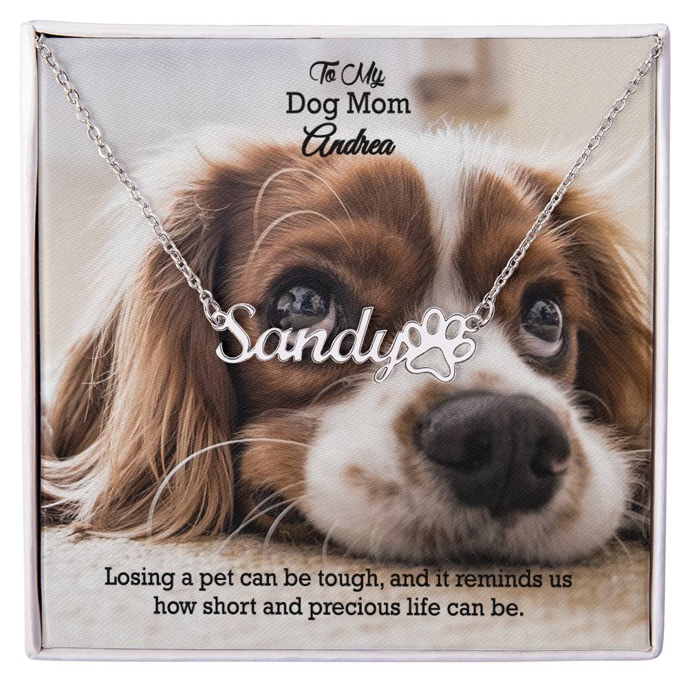 To My Dog Mom, Losing A Pet Can Be Tough, & It Reminds Us How Short & Precious Life Can Be - Paw Print Name Necklace - Gift for Dog Mom