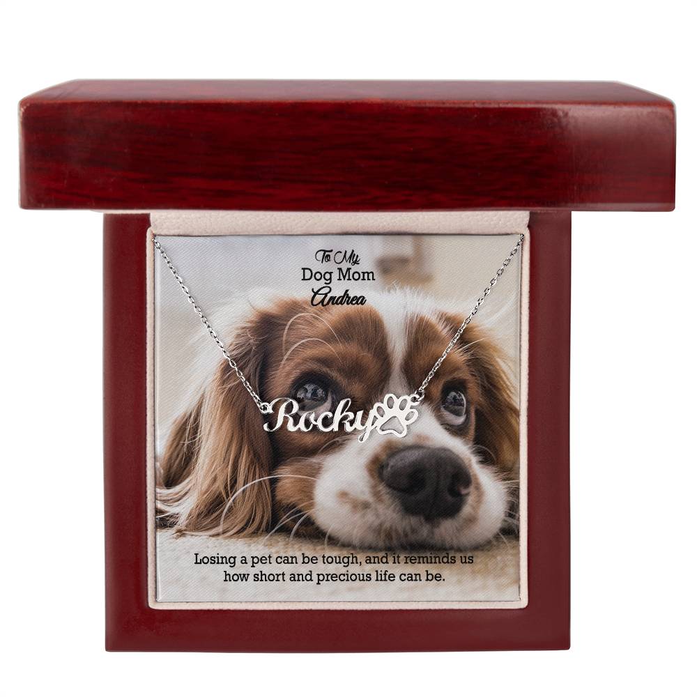 To My Dog Mom, Losing A Pet Can Be Tough, & It Reminds Us How Short & Precious Life Can Be - Paw Print Name Necklace - Gift for Dog Mom