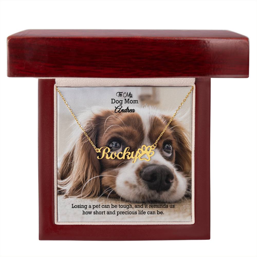 To My Dog Mom, Losing A Pet Can Be Tough, & It Reminds Us How Short & Precious Life Can Be - Paw Print Name Necklace - Gift for Dog Mom