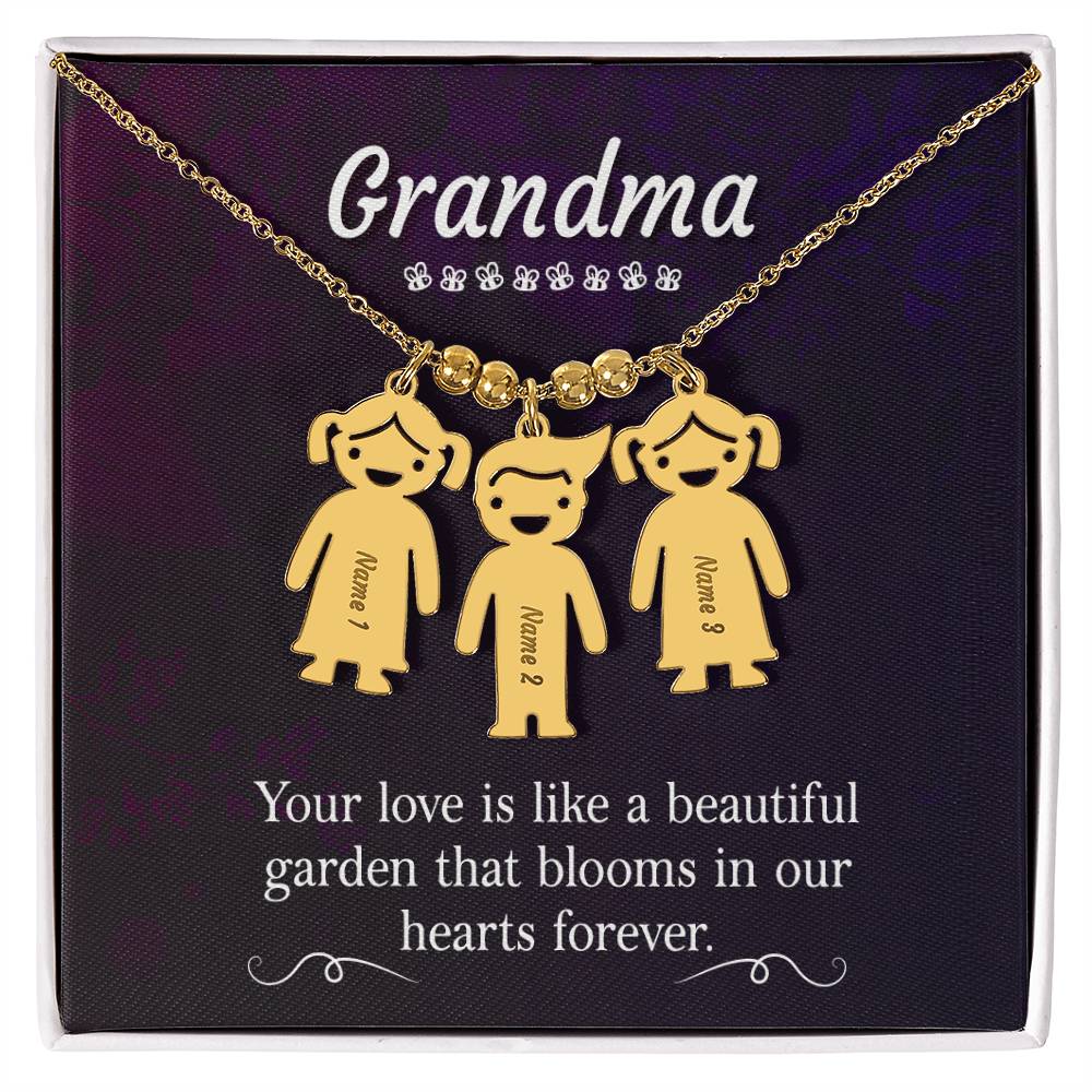 Grandma, Your Love Is Like A Beautiful Garden That Blooms In Our Hearts Forever - Kid Charm Necklace (w/MC) - Gift for Grandma