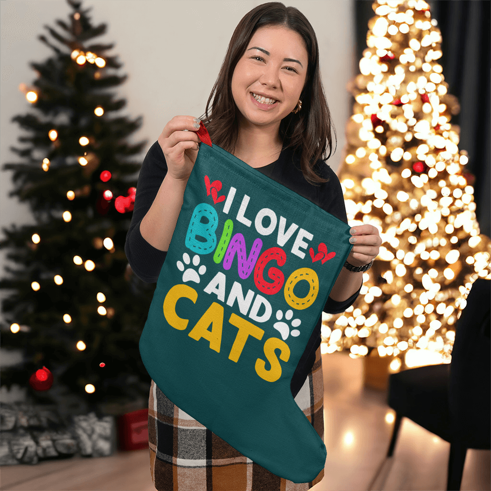 I Love Bingo And Cats - Giant Holiday Stocking - Gift for Her - Gift for Him
