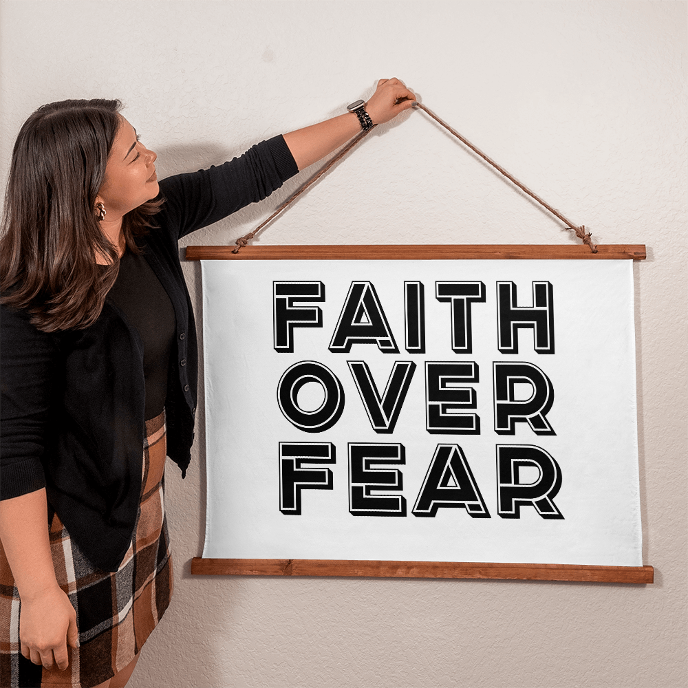 Faith Over Fear (Black) - Wood Framed Wall Tapestry (Landscape) - Gift for Her - Gift for Him