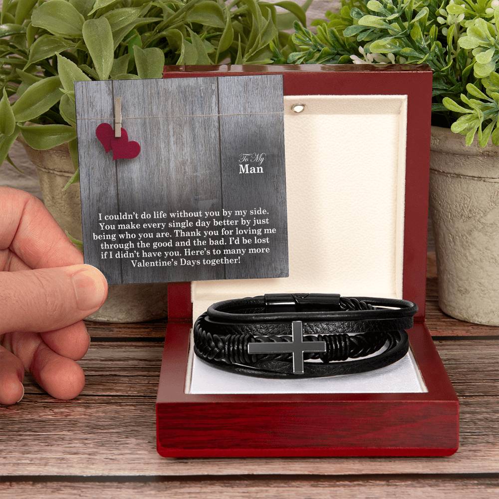 To My Man, I Couldn't Do Life Without You By My Side - Happy Valentine's Day - Men's Cross Bracelet - Gift for Him