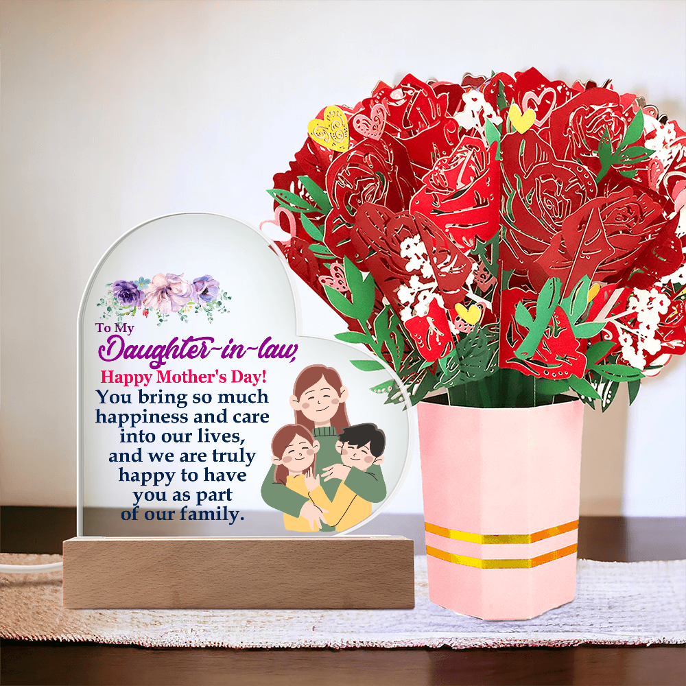 To My Daughter-In-Law, Happy Mother's Day! We Are Truly Happy To Have You As Part Of Our Family - Acrylic Heart & Sweetest Devotion Flower Bouquet - Gift for Mom