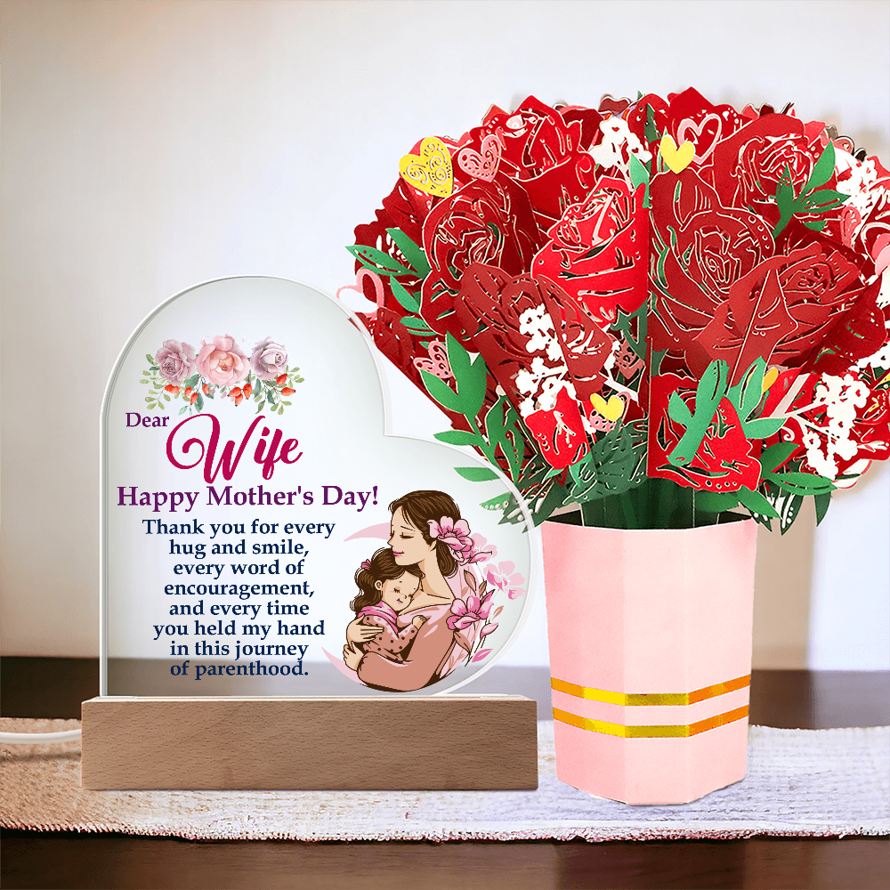 Dear Wife, Happy Mother's Day! Thank You For Every Hug & Smile - Acrylic Heart & Sweetest Devotion Flower Bouquet - Gift for Mom