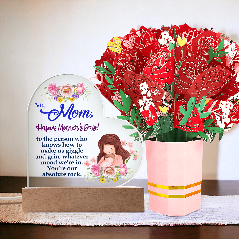 To My Mom, Happy Mother's Day! To The Person Who Knows How To Make Us Giggle And Grin - Acrylic Heart & Sweetest Devotion Flower Bouquet - Gift for Mom