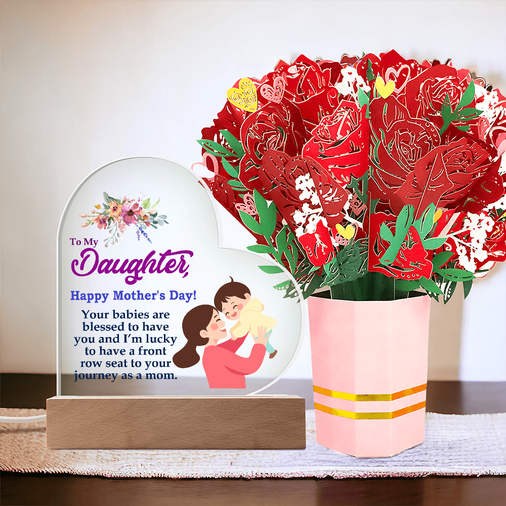 To My Daughter, Happy Mother's Day! Your Babies Are Blessed To Have You - Acrylic Heart & Sweetest Devotion Flower Bouquet - Gift for Mom