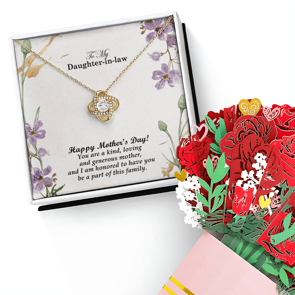 To My Daughter-in-law, Happy Mother's Day! You Are A Kind, Loving And Generous Mother - Love Knot Necklace & Sweetest Devotion Flower Bouquet - Gift for Mom