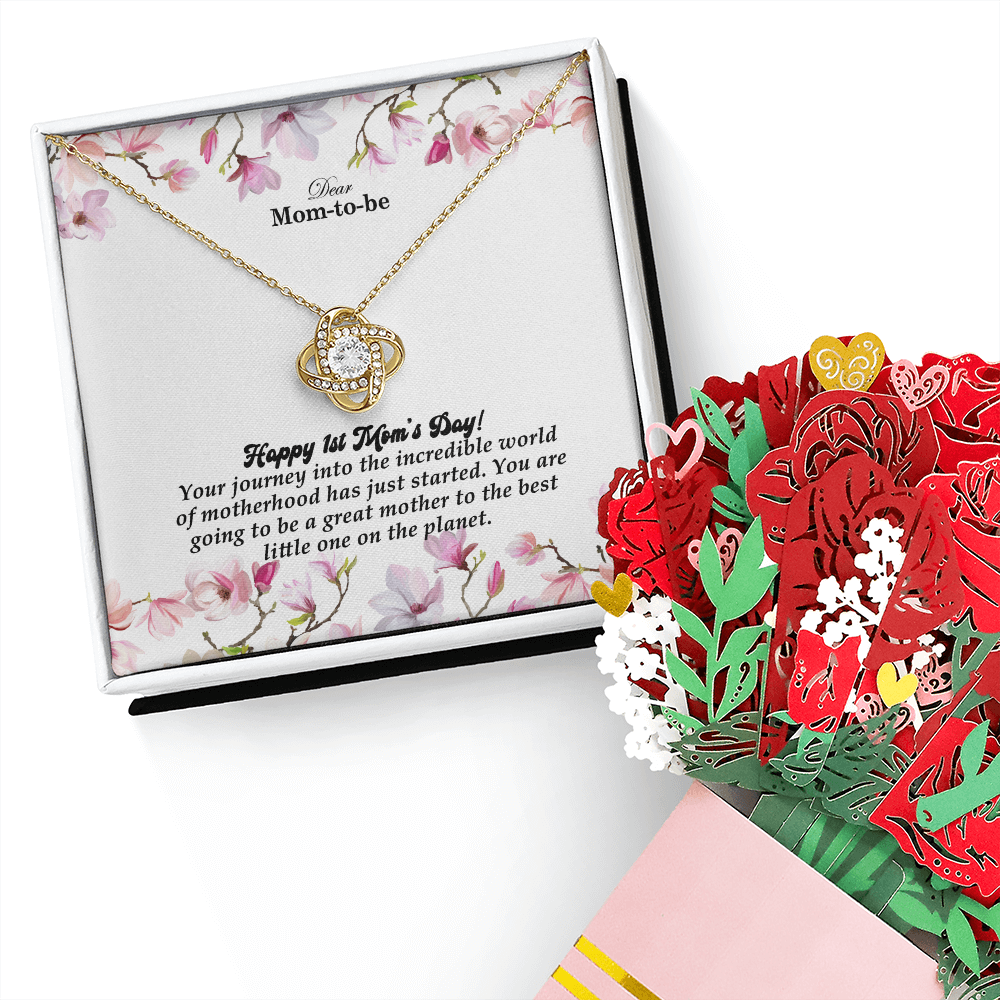 Dear Mom-To-Be, Happy 1st Mom's Day! Your Journey Into The Incredible World - Love Knot Necklace & Sweetest Devotion Flower Bouquet - Gift for Mom