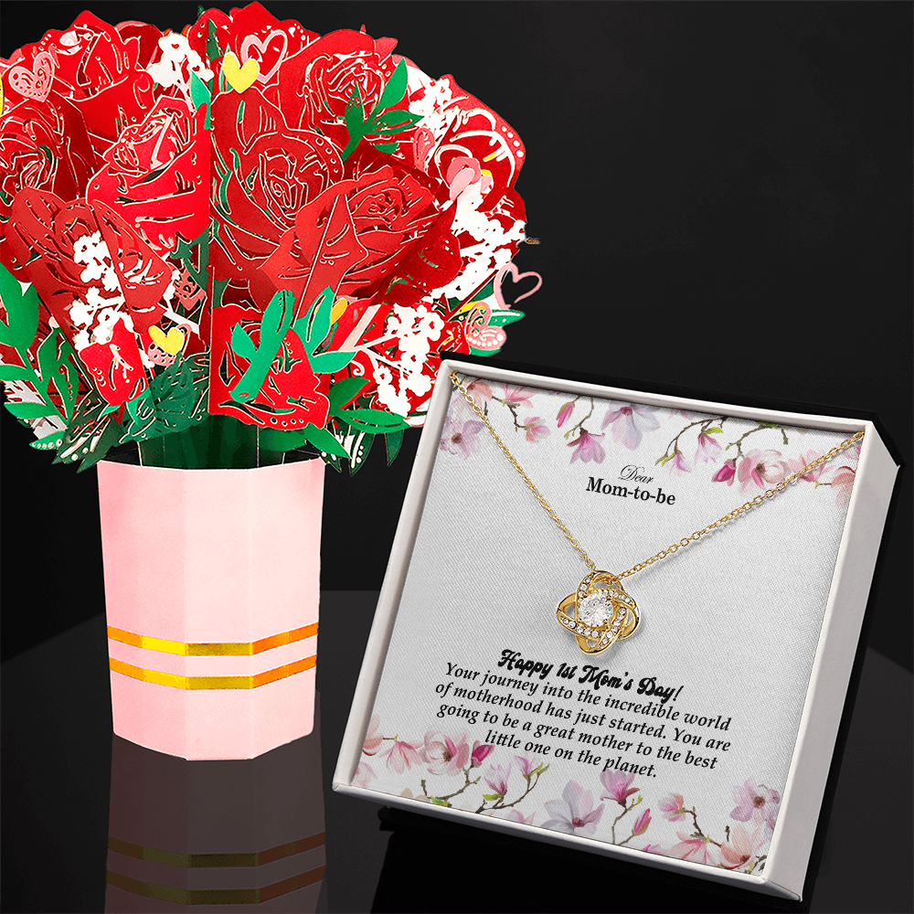 Dear Mom-To-Be, Happy 1st Mom's Day! Your Journey Into The Incredible World - Love Knot Necklace & Sweetest Devotion Flower Bouquet - Gift for Mom
