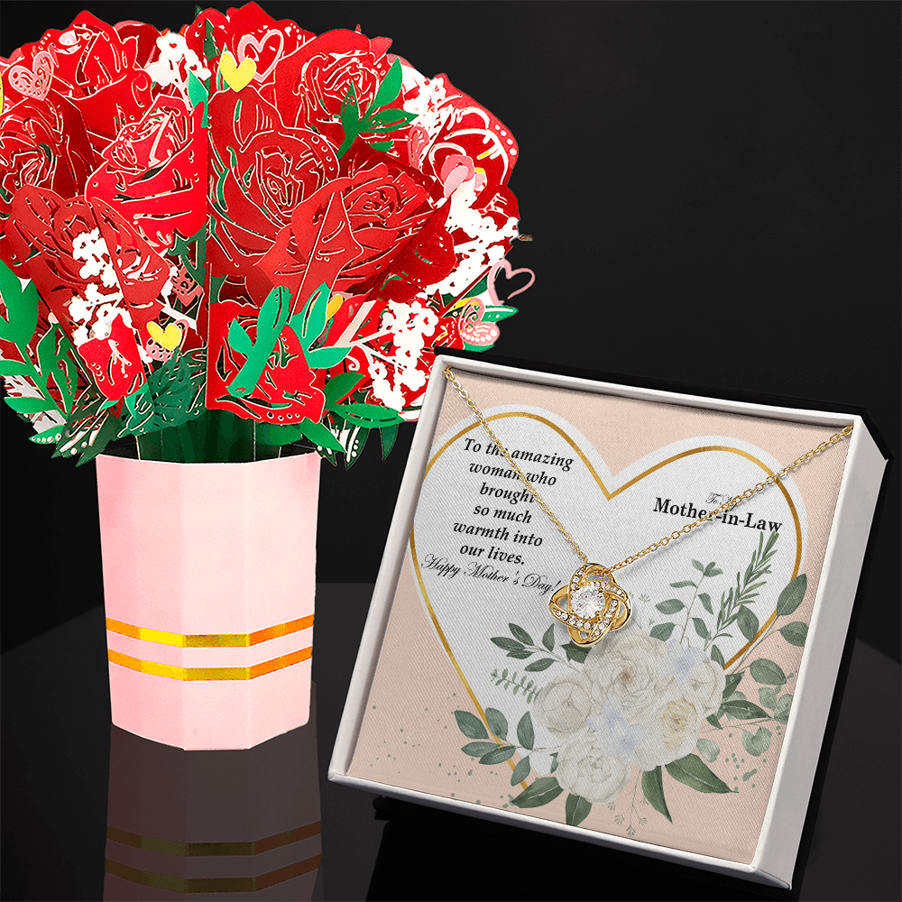 To My Mother-In-Law, To The Amazing Woman Who Brought So Much Warmth Into Our Lives - Happy Mother's Day - Love Knot Necklace & Sweetest Devotion Flower Bouquet - Gift for Mom