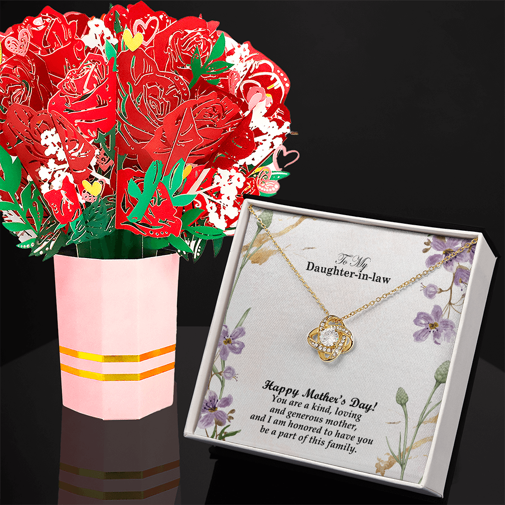 To My Daughter-in-law, Happy Mother's Day! You Are A Kind, Loving And Generous Mother - Love Knot Necklace & Sweetest Devotion Flower Bouquet - Gift for Mom