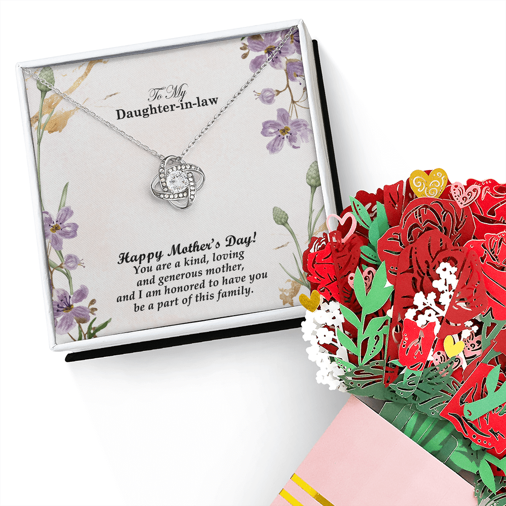To My Daughter-in-law, Happy Mother's Day! You Are A Kind, Loving And Generous Mother - Love Knot Necklace & Sweetest Devotion Flower Bouquet - Gift for Mom
