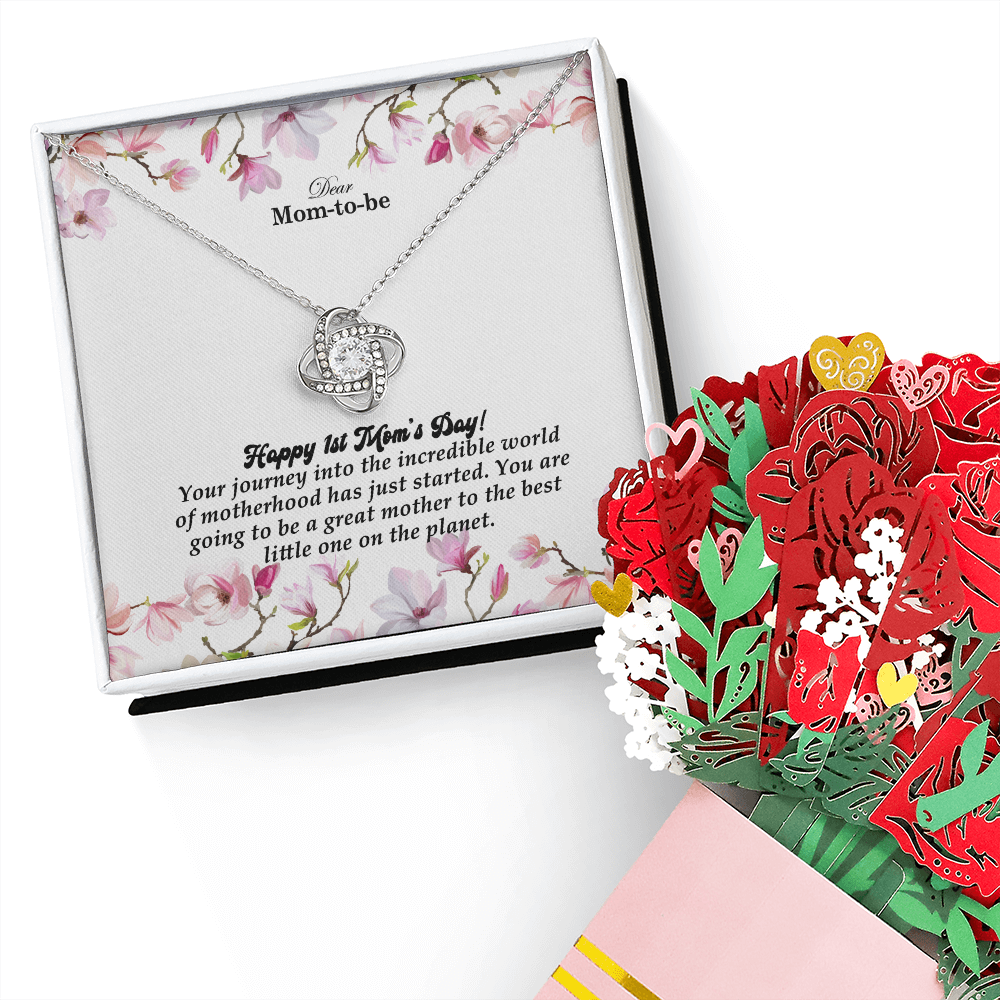 Dear Mom-To-Be, Happy 1st Mom's Day! Your Journey Into The Incredible World - Love Knot Necklace & Sweetest Devotion Flower Bouquet - Gift for Mom