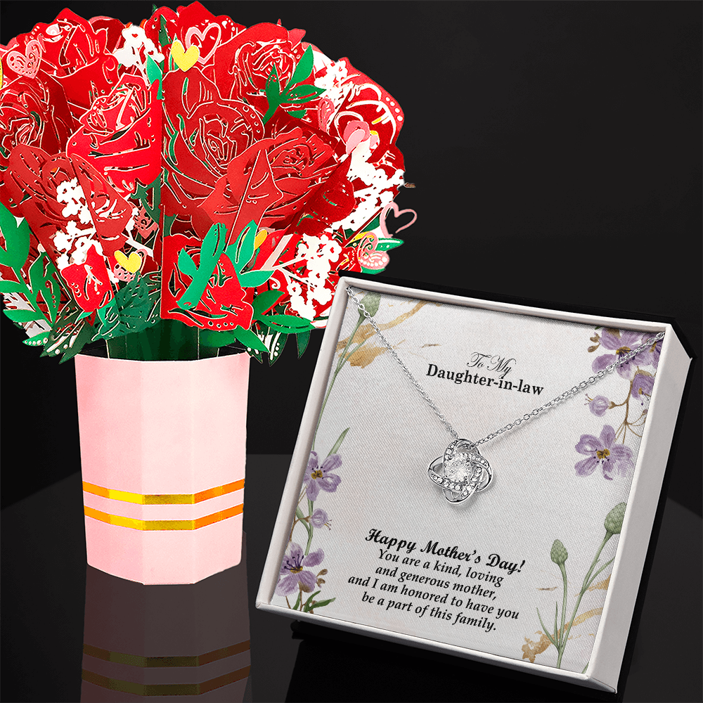 To My Daughter-in-law, Happy Mother's Day! You Are A Kind, Loving And Generous Mother - Love Knot Necklace & Sweetest Devotion Flower Bouquet - Gift for Mom