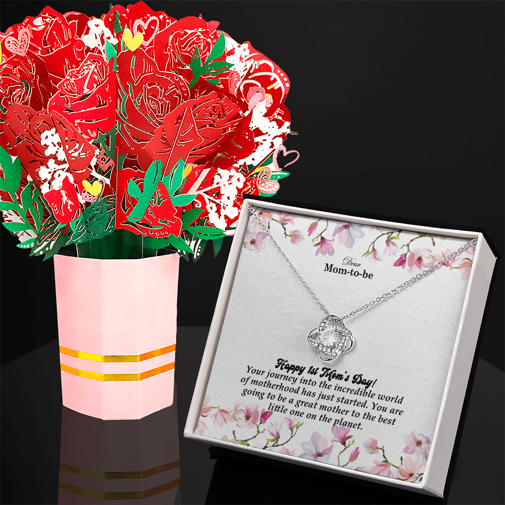 Dear Mom-To-Be, Happy 1st Mom's Day! Your Journey Into The Incredible World - Love Knot Necklace & Sweetest Devotion Flower Bouquet - Gift for Mom