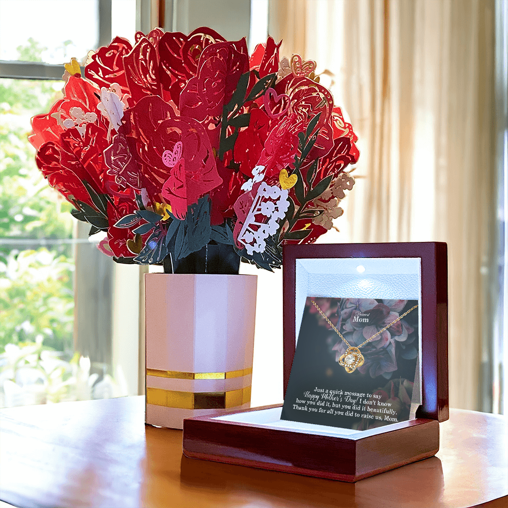 Dearest Mom, Just A Quick Message To Say Happy Mother's Day - Love Knot Necklace & Sweetest Devotion Flower Bouquet - Gift for Mom