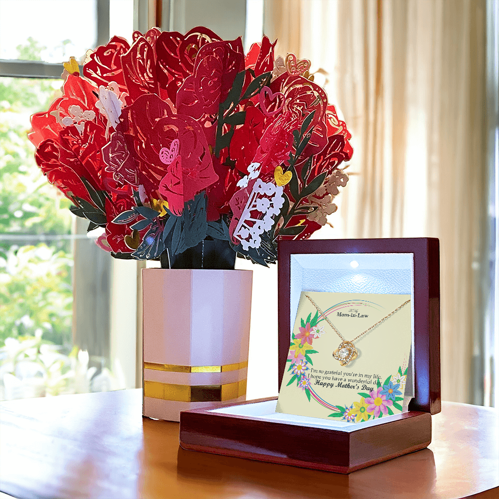 To My Mom-in-Law, I'm So Grateful You're In My Life - Happy Mother's Day - Love Knot Necklace and Sweetest Devotion Bouquet - Gift for Mom