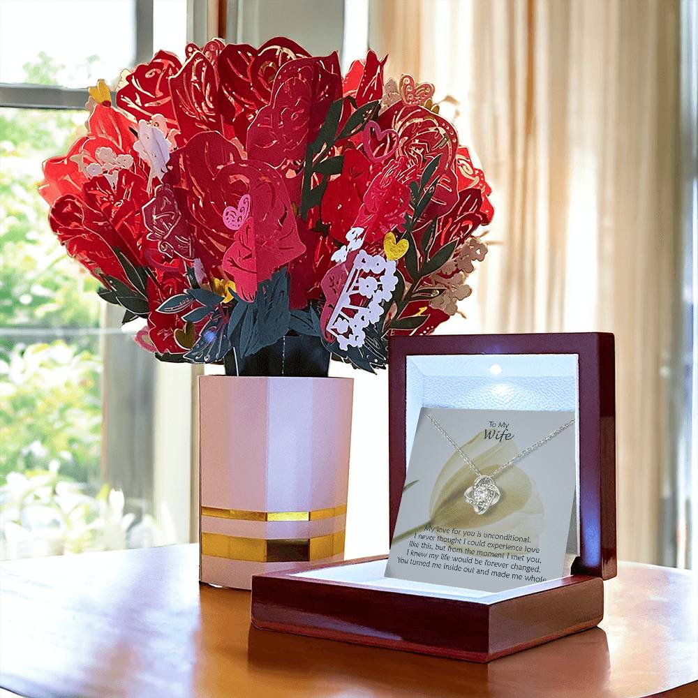 To My Wife, My Love For You Is Unconditional - Love Knot Necklace & Sweetest Devotion Flower Bouquet - Gift for Wife