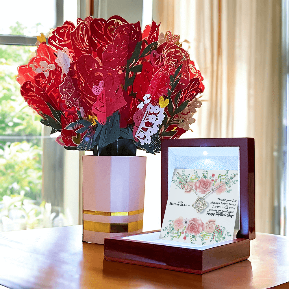 To My Mother-In-Law, Thank You For Always Being There - Happy Mother's Day - Love Knot Necklace & Sweetest Devotion Flower Bouquet - Gift for Mom