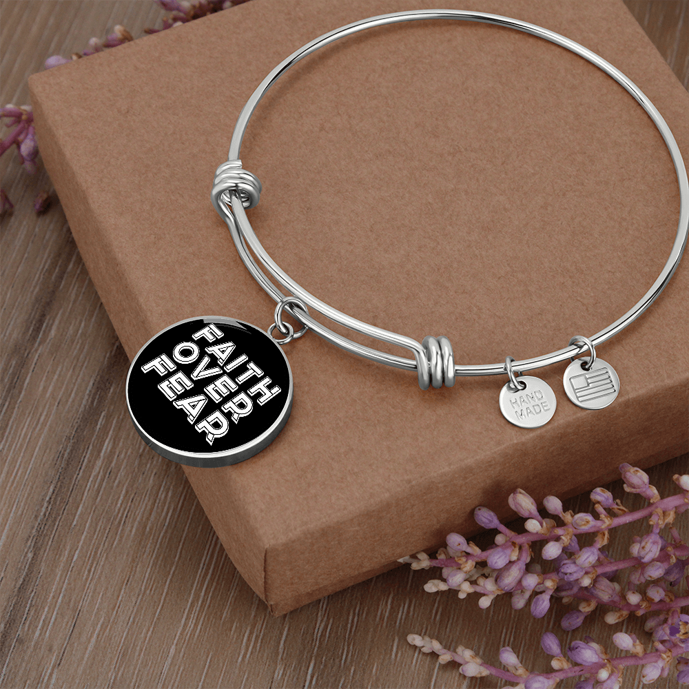Faith Over Fear (White) - Non-Message Card Luxury Circle Bangle - Gift for Her - Gift for Him