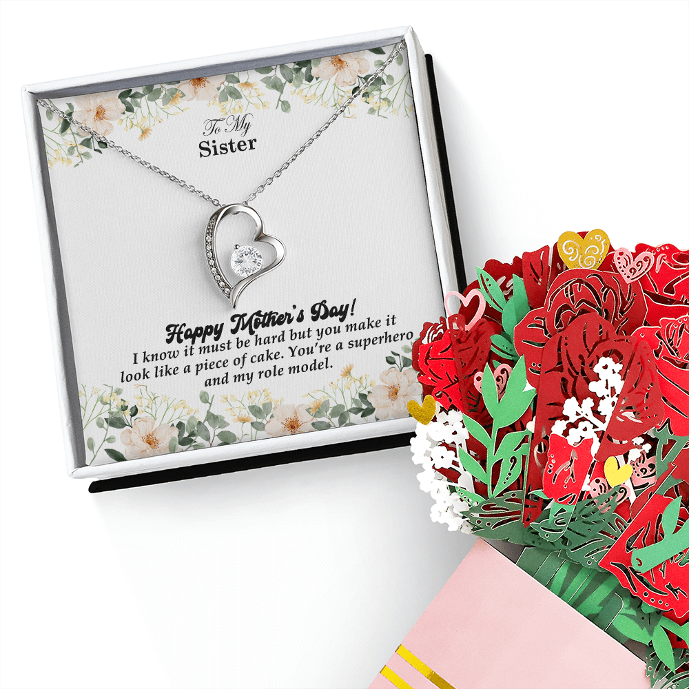 To My Sister, Happy Mother's Day! You're A Superhero And My Role Model - Forever Love Necklace & Sweetest Devotion Flower Bouquet - Gift for Mom