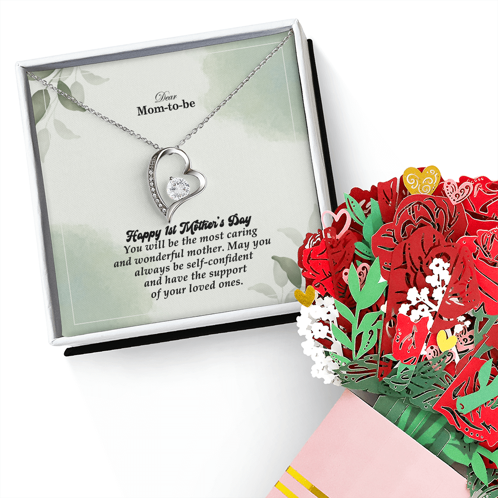 Dear Mom-To-Be, Happy 1st Mother's Day! You Will Be The Most Caring And Wonderful Mother - Forever Love Necklace & Sweetest Devotion Flower Bouquet - Gift for Mom