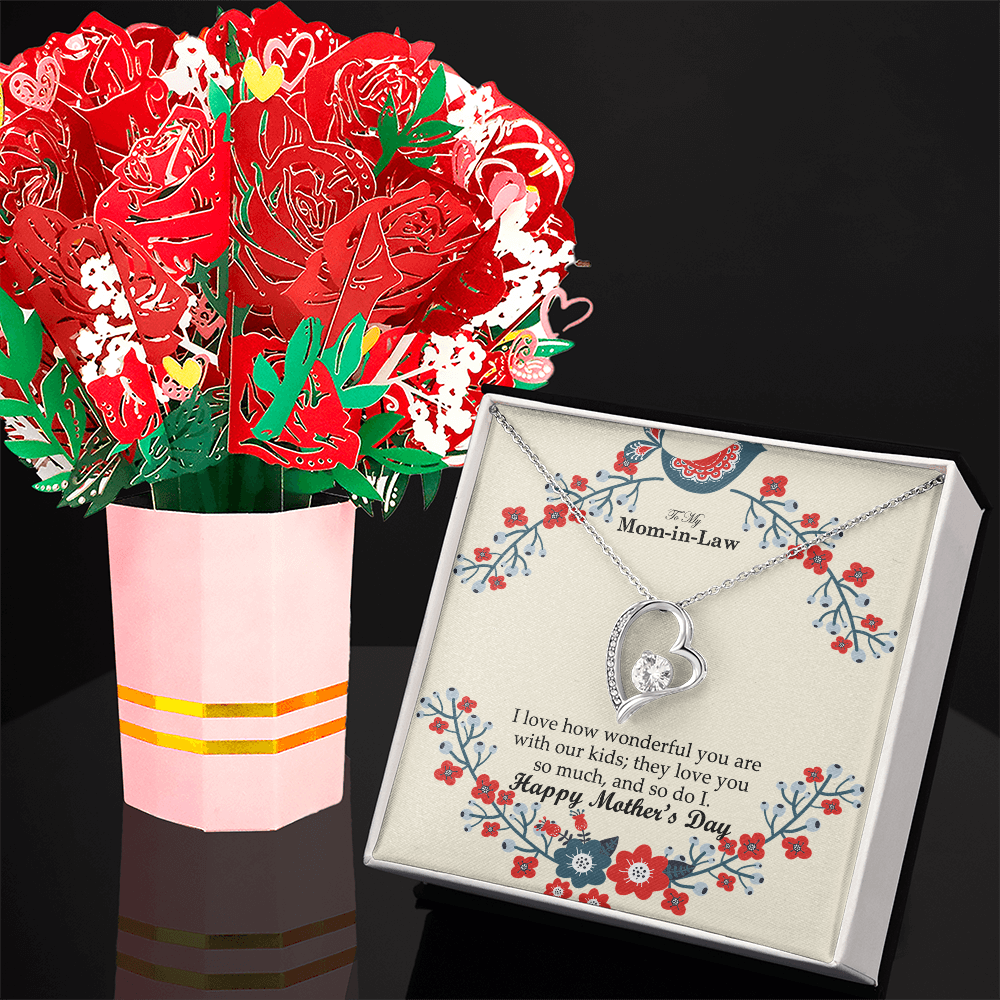 To My Mom-in-Law, I Love How Wonderful You Are With Our Kids - Happy Mother's Day - Forever Love Necklace & Sweetest Devotion Flower Bouquet - Gift for Mom