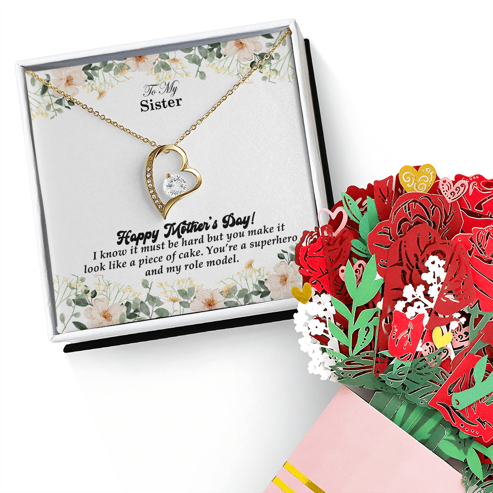 To My Sister, Happy Mother's Day! You're A Superhero And My Role Model - Forever Love Necklace & Sweetest Devotion Flower Bouquet - Gift for Mom