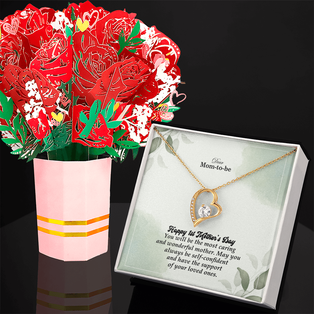 Dear Mom-To-Be, Happy 1st Mother's Day! You Will Be The Most Caring And Wonderful Mother - Forever Love Necklace & Sweetest Devotion Flower Bouquet - Gift for Mom