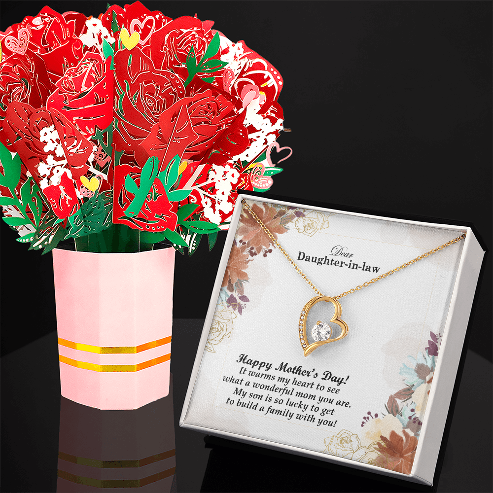 Dear Daughter-in-law, Happy Mother's Day! It Warms My Heart To See What A Wonderful Mom You Are - Forever Love Necklace & Sweetest Devotion Flower Bouquet - Gift for Mom